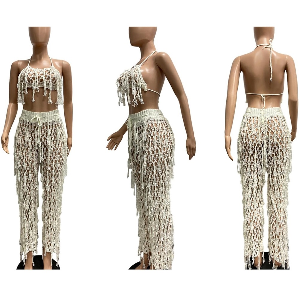 Women's Cream/White Crochet Pant Set